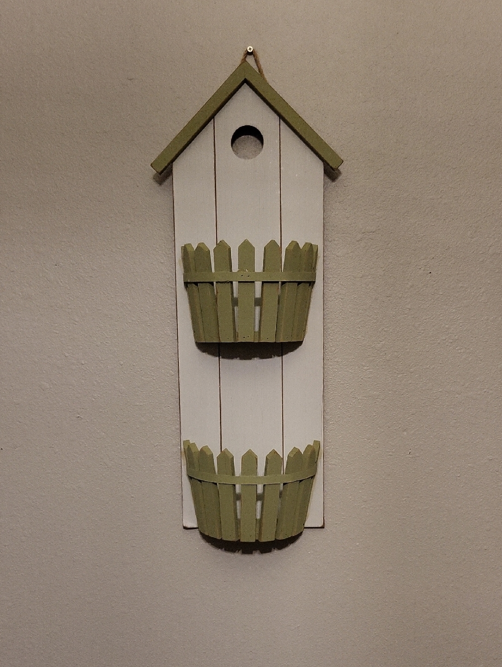 White and Olive Green Wooden Hanging Wall Planter - Decorative Home Wall Decor